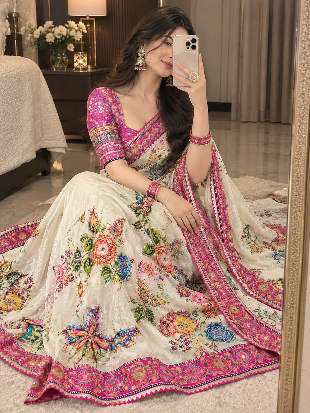 Off-White Floral & Butterfly Printed Chinon Saree with Sequins, Real Mirror Work & Tassels