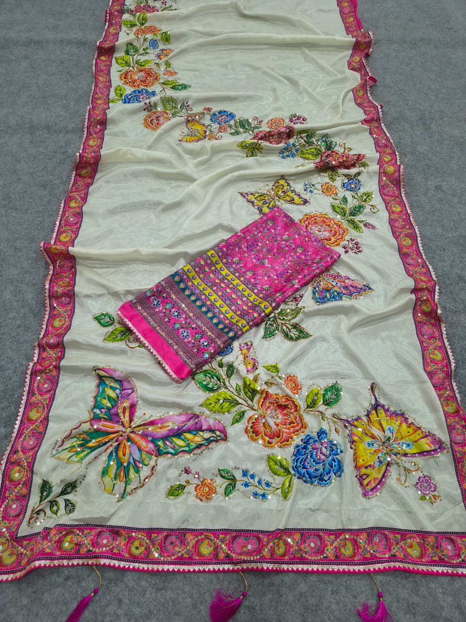 Off-White Floral & Butterfly Printed Chinon Saree with Sequins, Real Mirror Work & Tassels