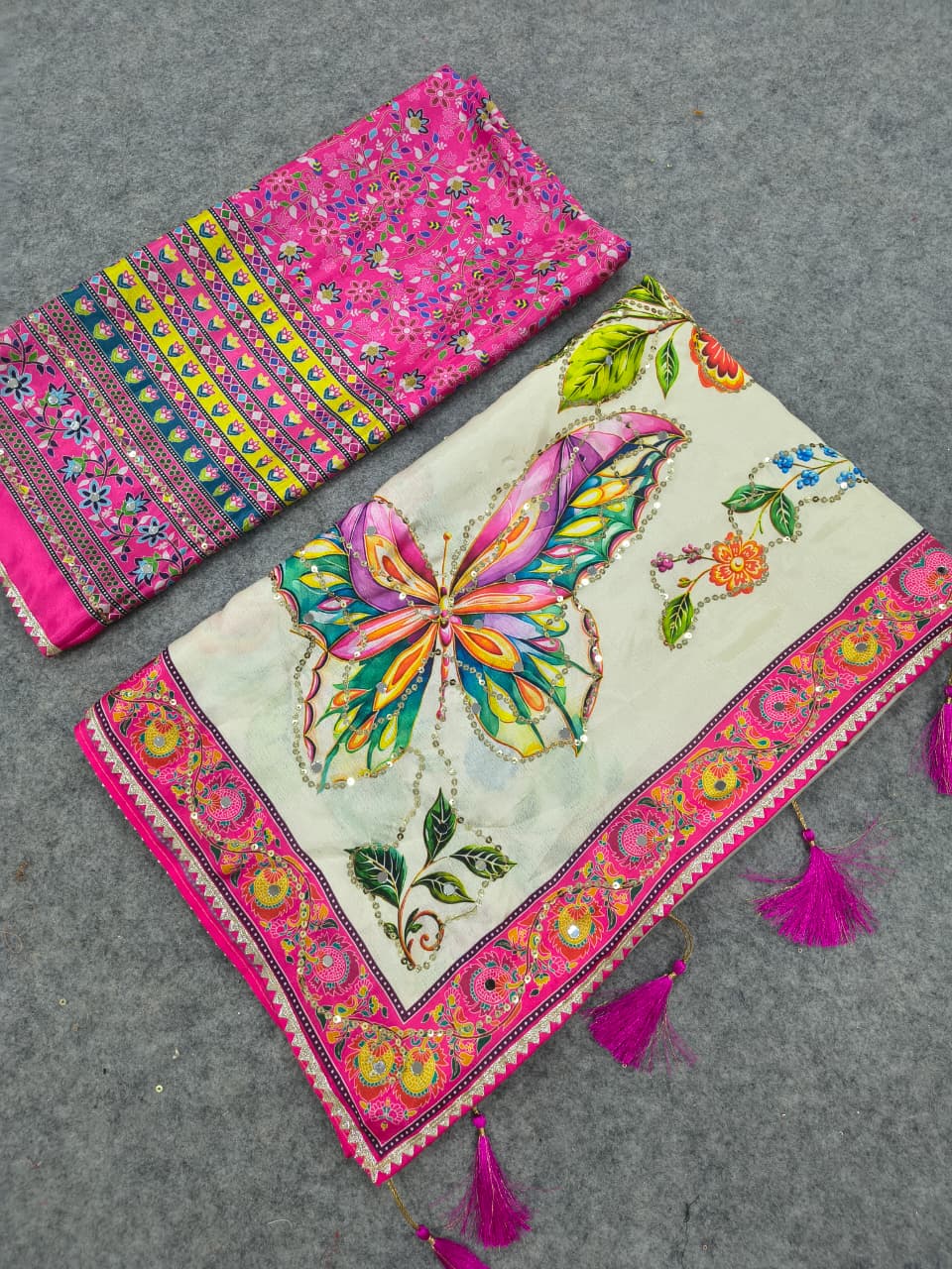 Off-White Floral & Butterfly Printed Chinon Saree with Sequins, Real Mirror Work & Tassels