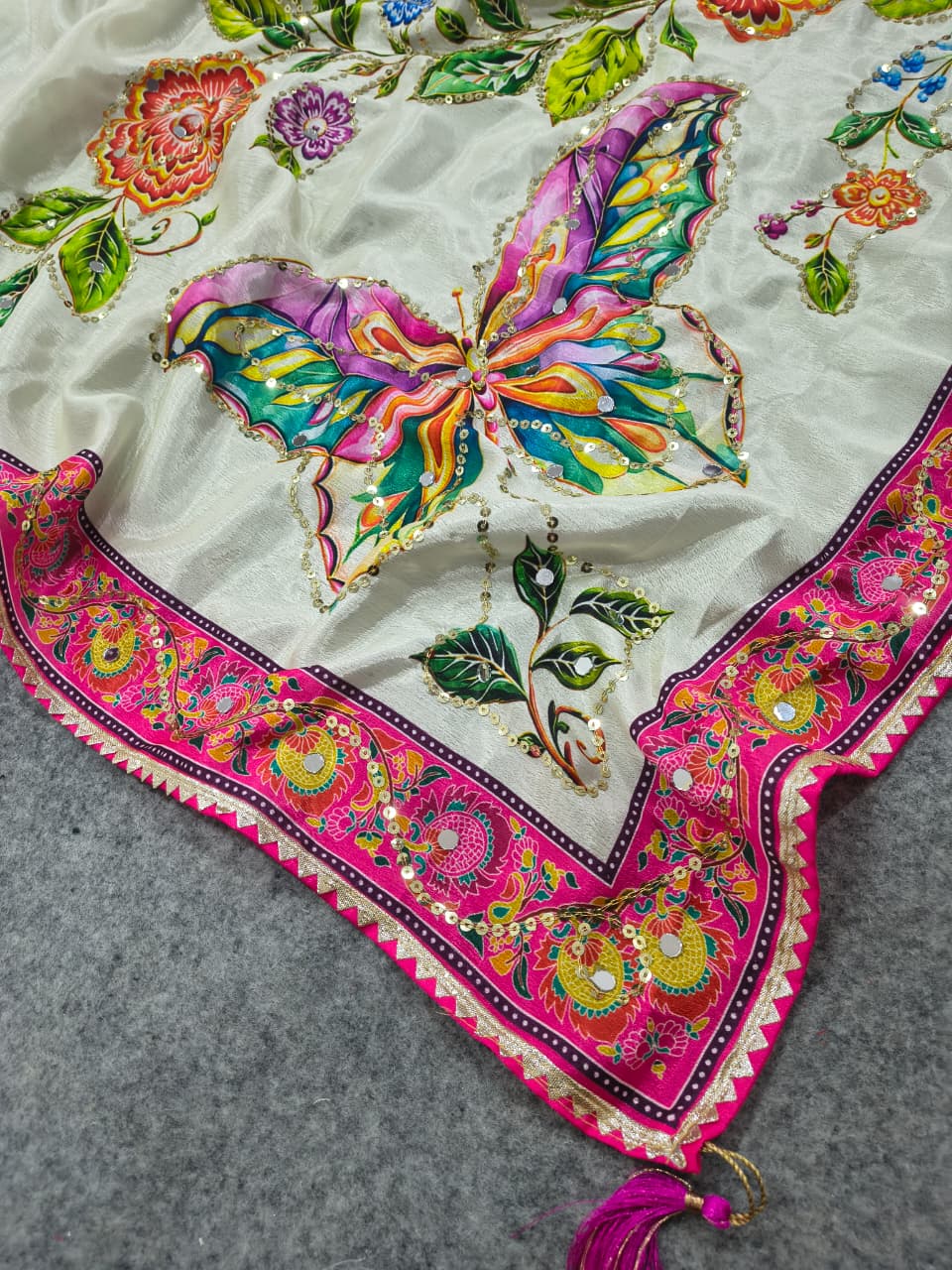 Off-White Floral & Butterfly Printed Chinon Saree with Sequins, Real Mirror Work & Tassels