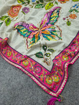 Off-White Floral & Butterfly Printed Chinon Saree with Sequins, Real Mirror Work & Tassels