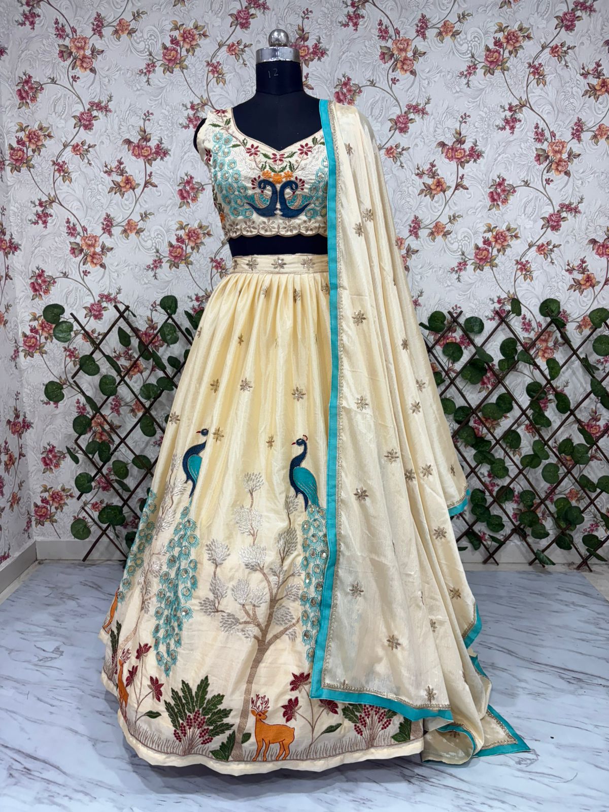 Cream & Blue Peacock Motif Premium Chinon Silk Multi-Thread Embroidery and Heavy Sequins Work Designer Lehenga Choli Set