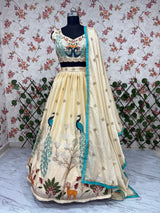Cream & Blue Peacock Motif Premium Chinon Silk Multi-Thread Embroidery and Heavy Sequins Work Designer Lehenga Choli Set