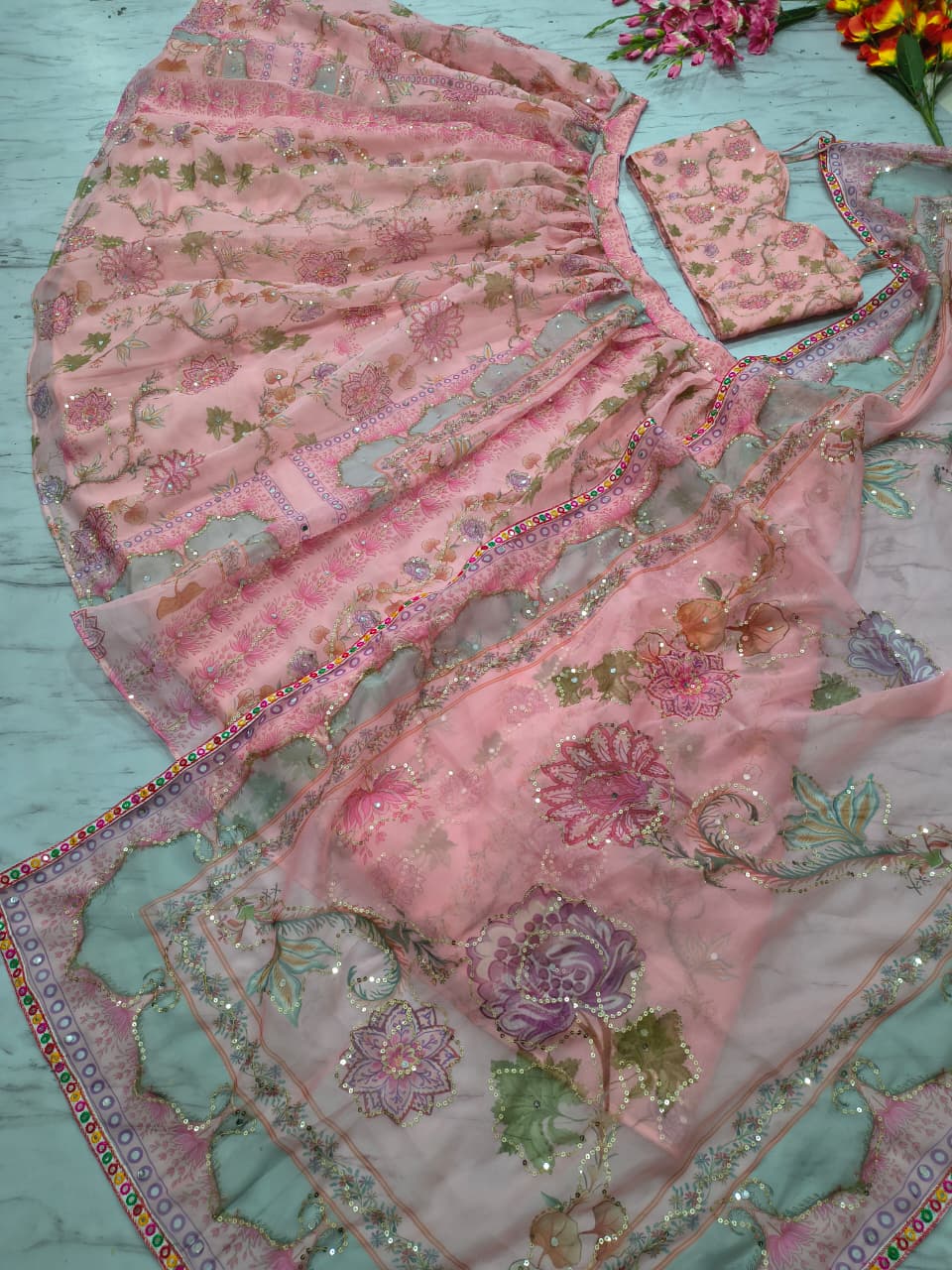Pastel Pink Floral Printed Taby Silk Designer Lehenga Choli with Hand Real Mirror, Sequins & Multicolour Lace Border Set