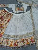 White & Multi-Color Printed Faux Georgette Designer Lehenga Choli with Sequins, Foil Mirror & Zari Gotta Work Set