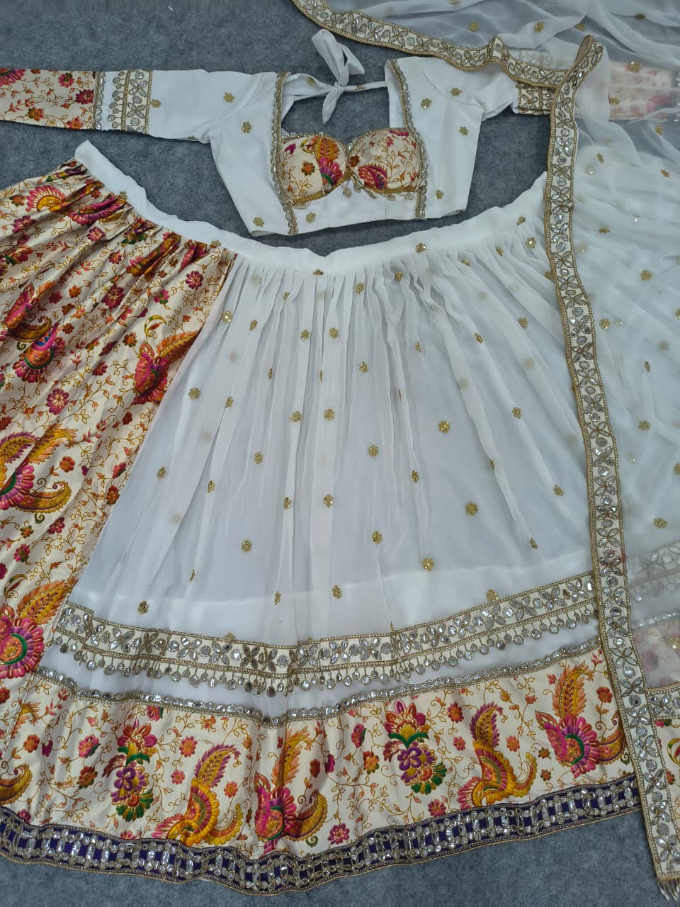 White & Multi-Color Printed Faux Georgette Designer Lehenga Choli with Sequins, Foil Mirror & Zari Gotta Work Set