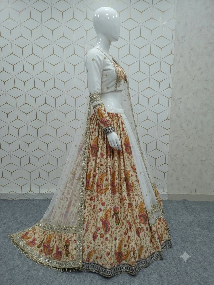 White & Multi-Color Printed Faux Georgette Designer Lehenga Choli with Sequins, Foil Mirror & Zari Gotta Work Set