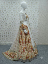 White & Multi-Color Printed Faux Georgette Designer Lehenga Choli with Sequins, Foil Mirror & Zari Gotta Work Set