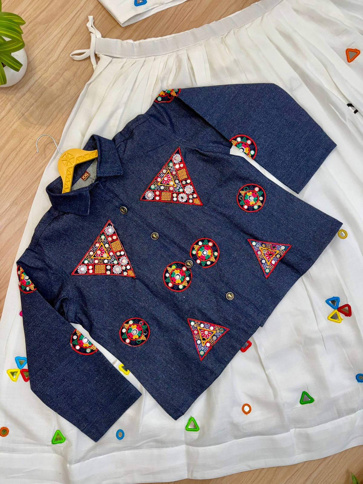 White Rayon Cotton Designer Lehenga Choli with Mirror Work Blouse & Denim Jacket
