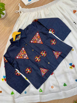 White Rayon Cotton Designer Lehenga Choli with Mirror Work Blouse & Denim Jacket