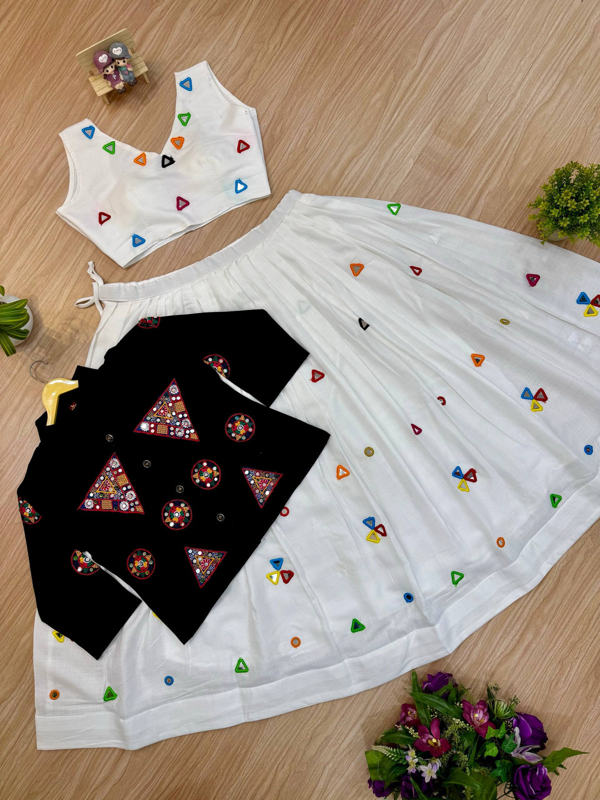 White Rayon Cotton Designer Lehenga Choli with Mirror Work Blouse & Denim Jacket