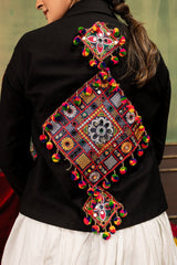 White Rayon Cotton Designer Lehenga Choli with Mirror Work Blouse & Denim Jacket