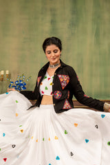 White Rayon Cotton Designer Lehenga Choli with Mirror Work Blouse & Denim Jacket