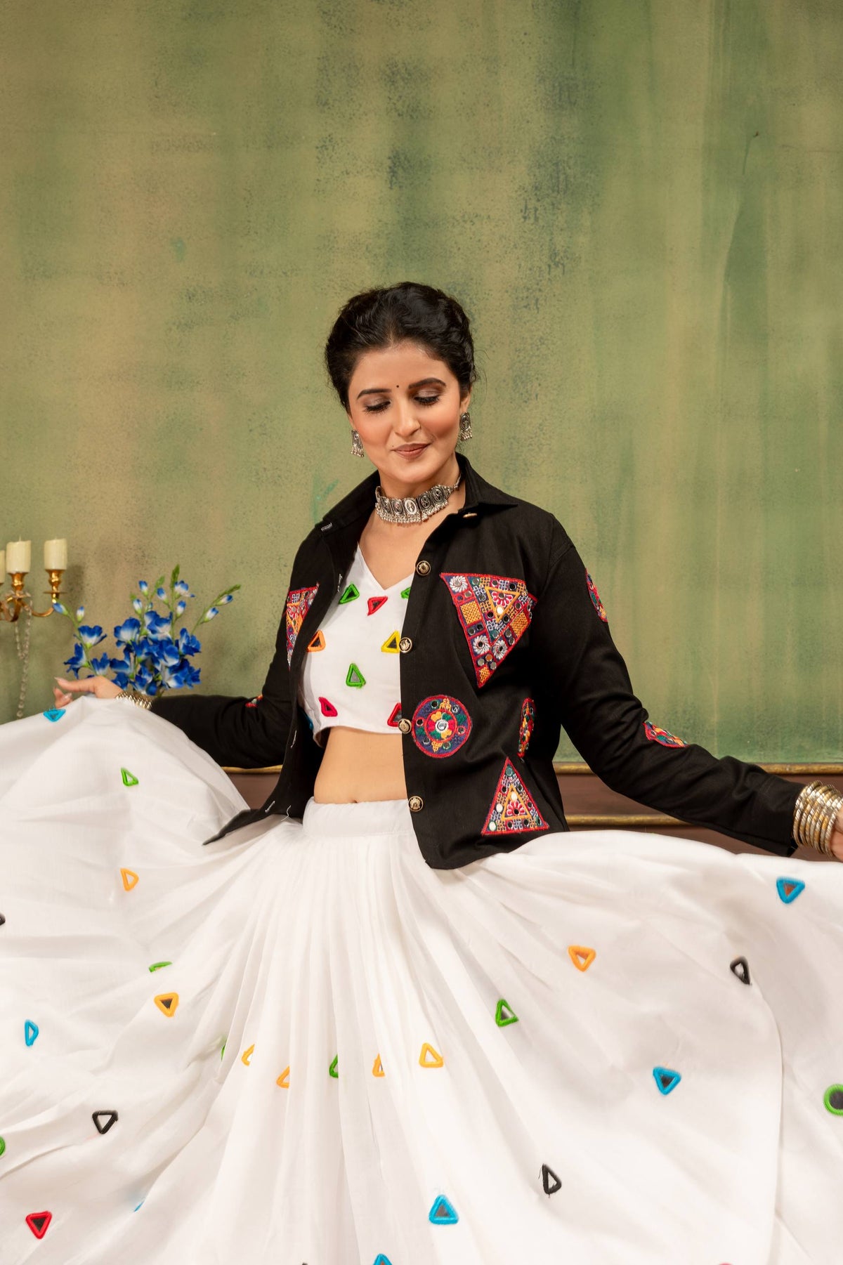 White Rayon Cotton Designer Lehenga Choli with Mirror Work Blouse & Denim Jacket