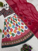 Vibrant Printed Faux Georgette Designer Lehenga Choli with Mirror Work Blouse & Dupatta