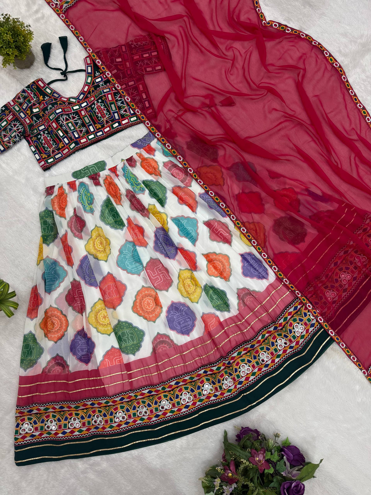 Vibrant Printed Faux Georgette Designer Lehenga Choli with Mirror Work Blouse & Dupatta