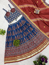 Digital Ajrakh Print Natural Crepe Designer Lehenga Choli with Real Mirror Work & Dupatta