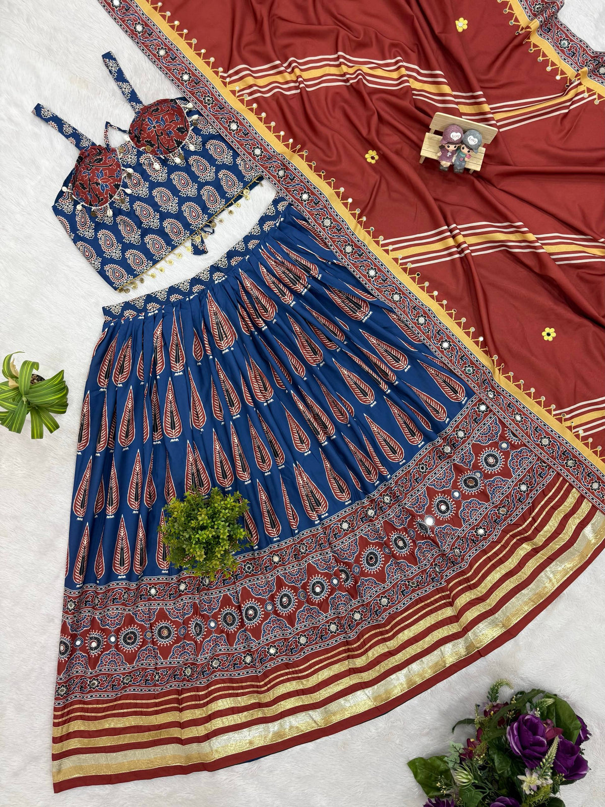 Digital Ajrakh Print Natural Crepe Designer Lehenga Choli with Real Mirror Work & Dupatta