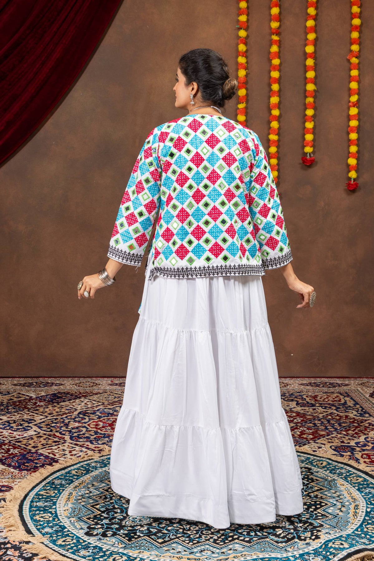 White Pure Rayon Ruffle Lehenga Choli with Embroidered Koti & Mirror Work Jacket Set