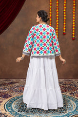 White Pure Rayon Ruffle Lehenga Choli with Embroidered Koti & Mirror Work Jacket Set