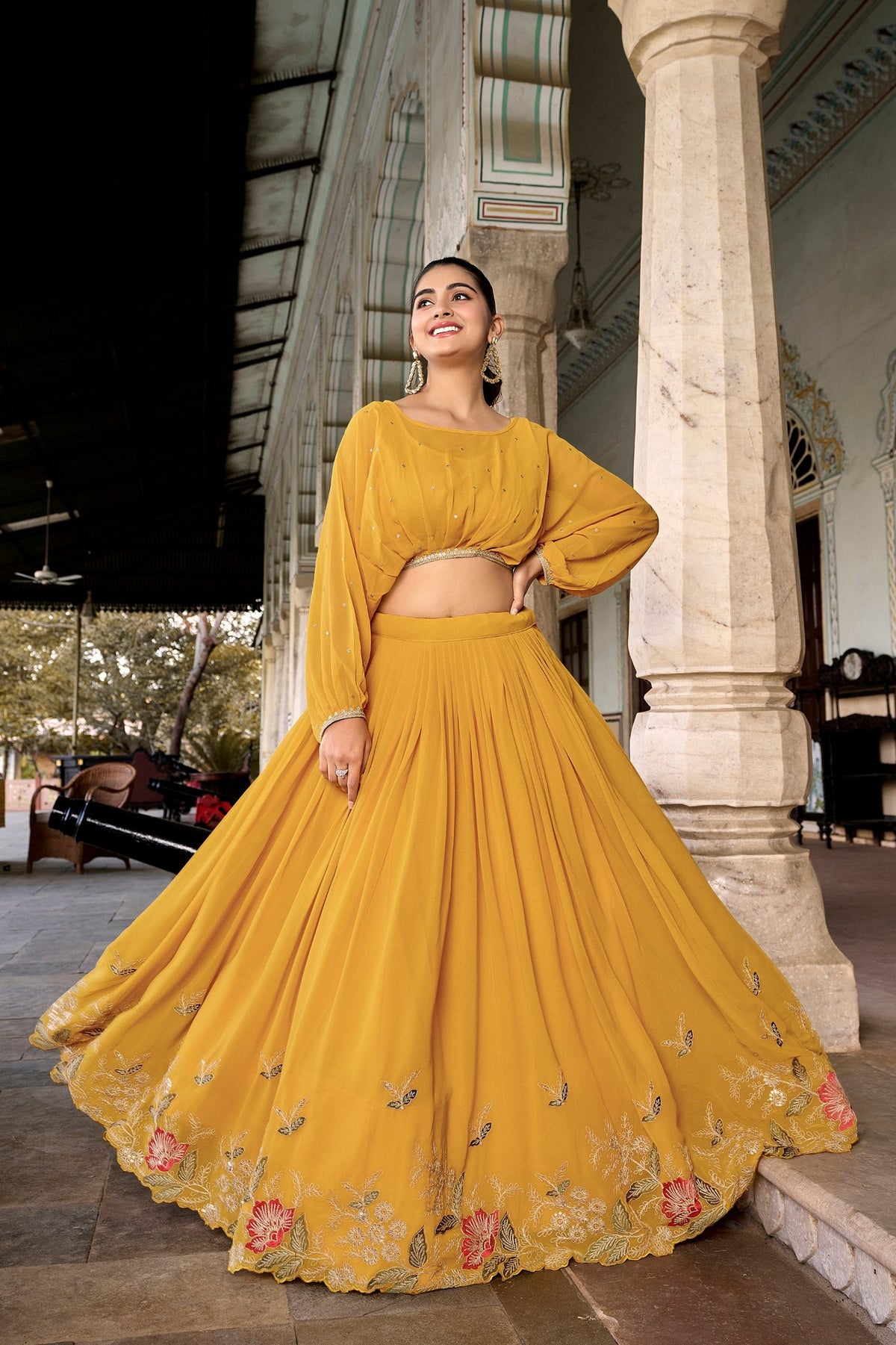 Mustard Yellow Tasar Silk Designer Lehenga Choli with Floral Print, Gota Patti Touch Up & Koti