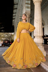 Mustard Yellow Tasar Silk Designer Lehenga Choli with Floral Print, Gota Patti Touch Up & Koti