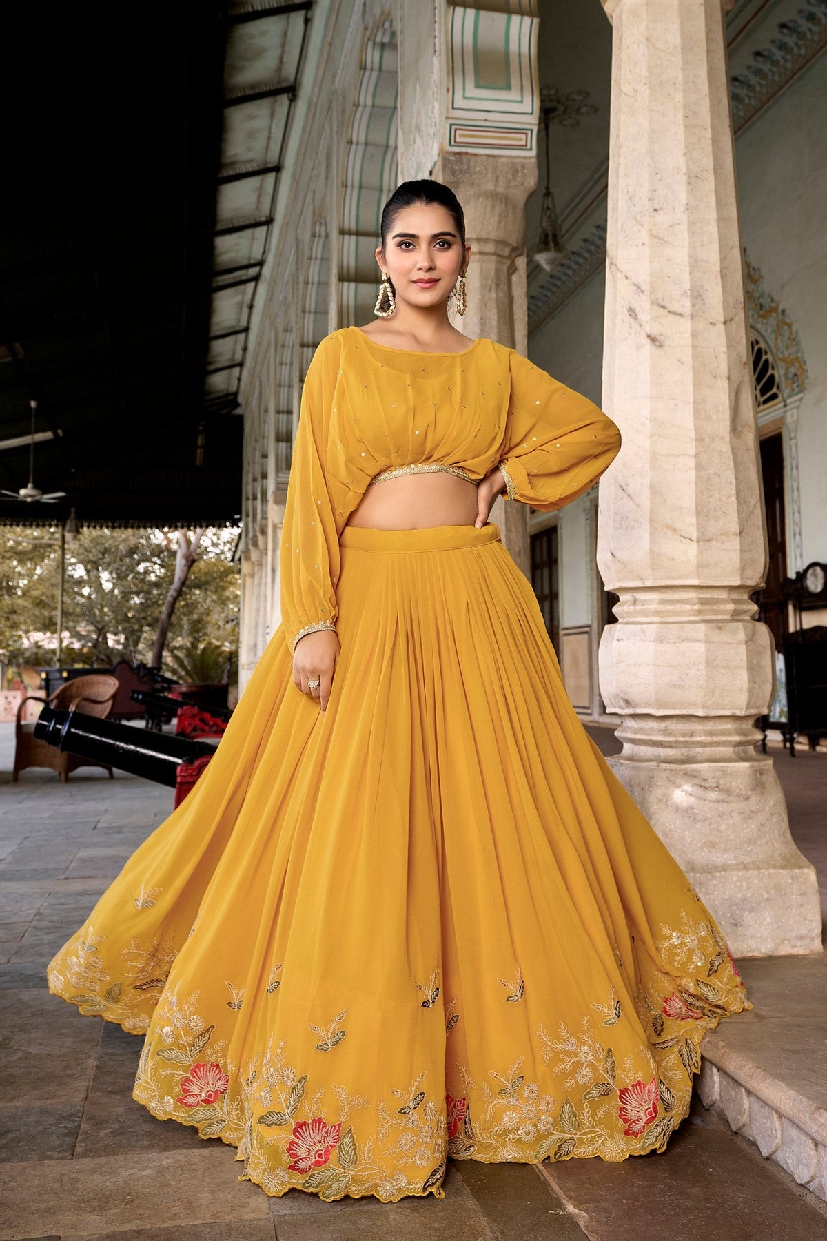 Mustard Yellow Tasar Silk Designer Lehenga Choli with Floral Print, Gota Patti Touch Up & Koti