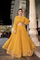 Mustard Yellow Tasar Silk Designer Lehenga Choli with Floral Print, Gota Patti Touch Up & Koti
