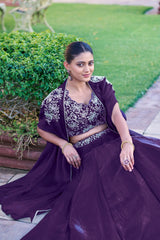 Deep Purple Designer Silk Lehenga Choli with Sequins Embroidery Blouse & Matching Koti
