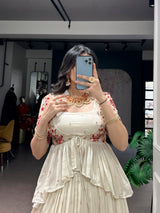 Off-White & Red Designer Silk Lehenga Choli with Embroidered Blouse & Koti