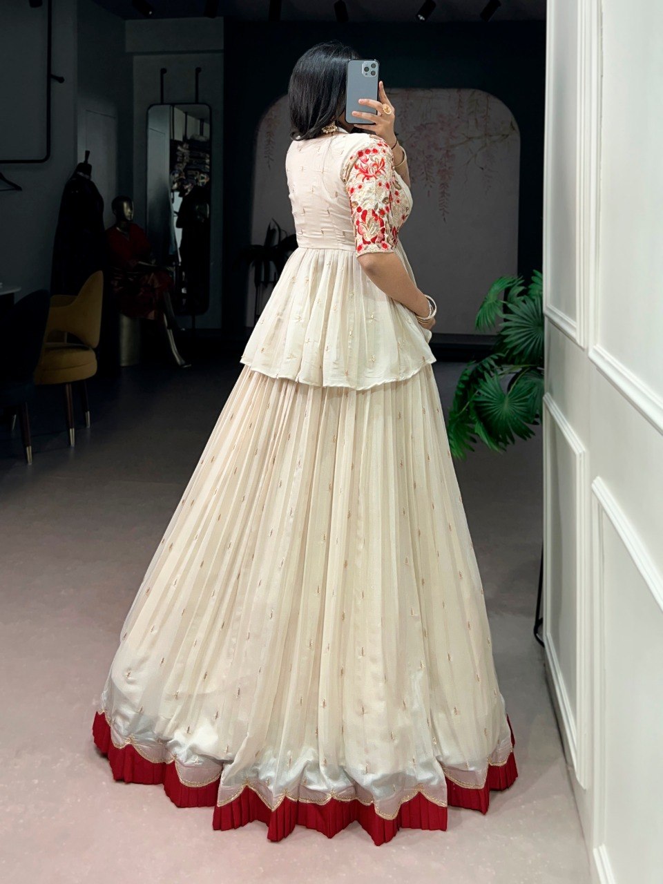 Off-White & Red Designer Silk Lehenga Choli with Embroidered Blouse & Koti
