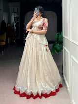 Off-White & Red Designer Silk Lehenga Choli with Embroidered Blouse & Koti