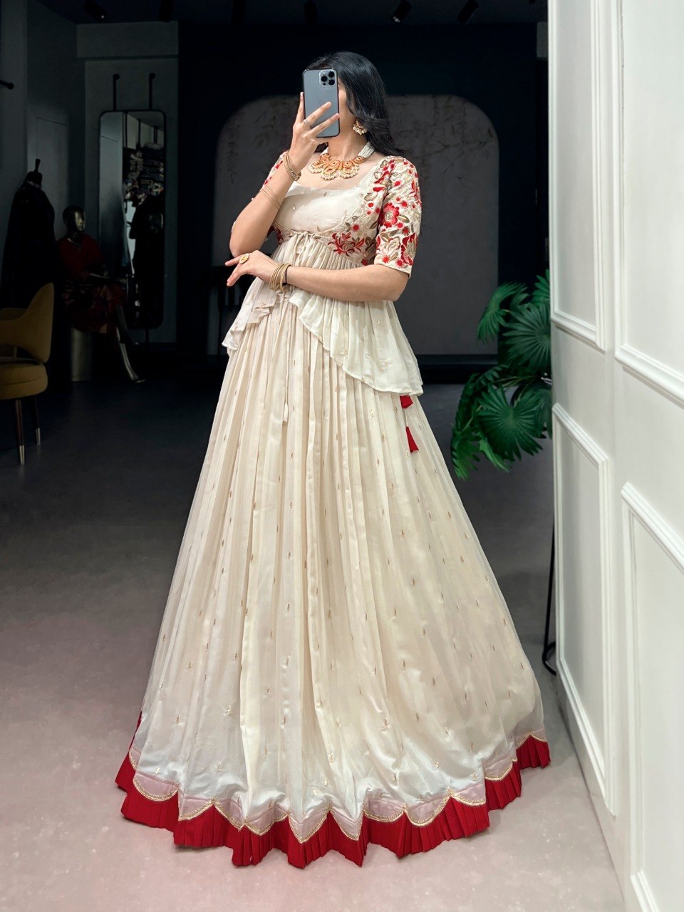 Off-White & Red Designer Silk Lehenga Choli with Embroidered Blouse & Koti