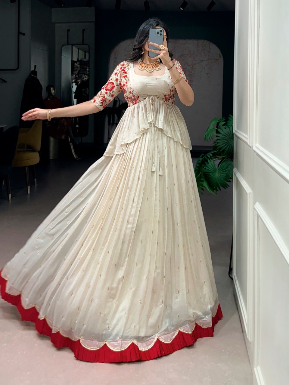 Off-White & Red Designer Silk Lehenga Choli with Embroidered Blouse & Koti