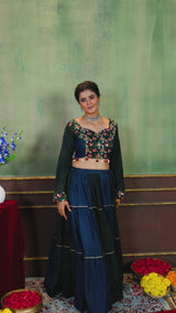 Teal & Black Pure Rayon Designer Ruffle Lehenga Choli with Mirror Work Blouse
