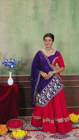 Designer Red Pure Rayon Lehenga Choli with Purple Vichitra Silk Beads Work Dupatta