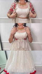 Off-White & Red Designer Silk Lehenga Choli with Embroidered Blouse & Koti