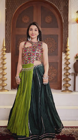 Bottle Green & Lime Green Pure Cotton Designer Lehenga Choli with Heavy Thread & Sequence Work