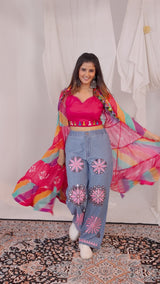 Colorful Faux Georgette Ruffle Shrug with Mirror Work Blouse & Denim Jeans Set