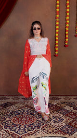 Orange Bandhani Print Long Jacket with Embroidered White Pants & Designer Top Set