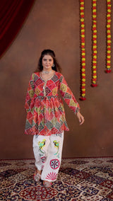 Multi-Color Bandhani Print Faux Georgette Kediya Top with Mirror Work Denim Jeans Set
