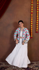 White Pure Rayon Ruffle Lehenga Choli with Embroidered Koti & Mirror Work Jacket Set