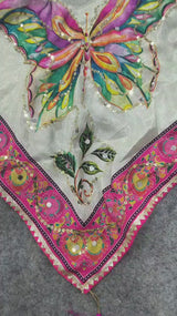 Off-White Floral & Butterfly Printed Chinon Saree with Sequins, Real Mirror Work & Tassels