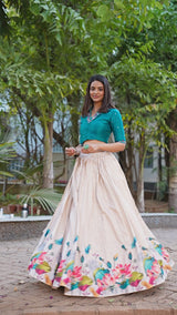 Beige & Blue Floral Printed Tussar Silk Designer Lehenga Choli with Teal Blue Banglory Silk Handwork Blouse