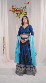 Peacock Blue Vichitra Silk Designer Lehenga Choli with Sequence Thread Work & Sky Blue Dupatta